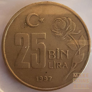 Reverse side 25 bin Lira Türkiye 1997